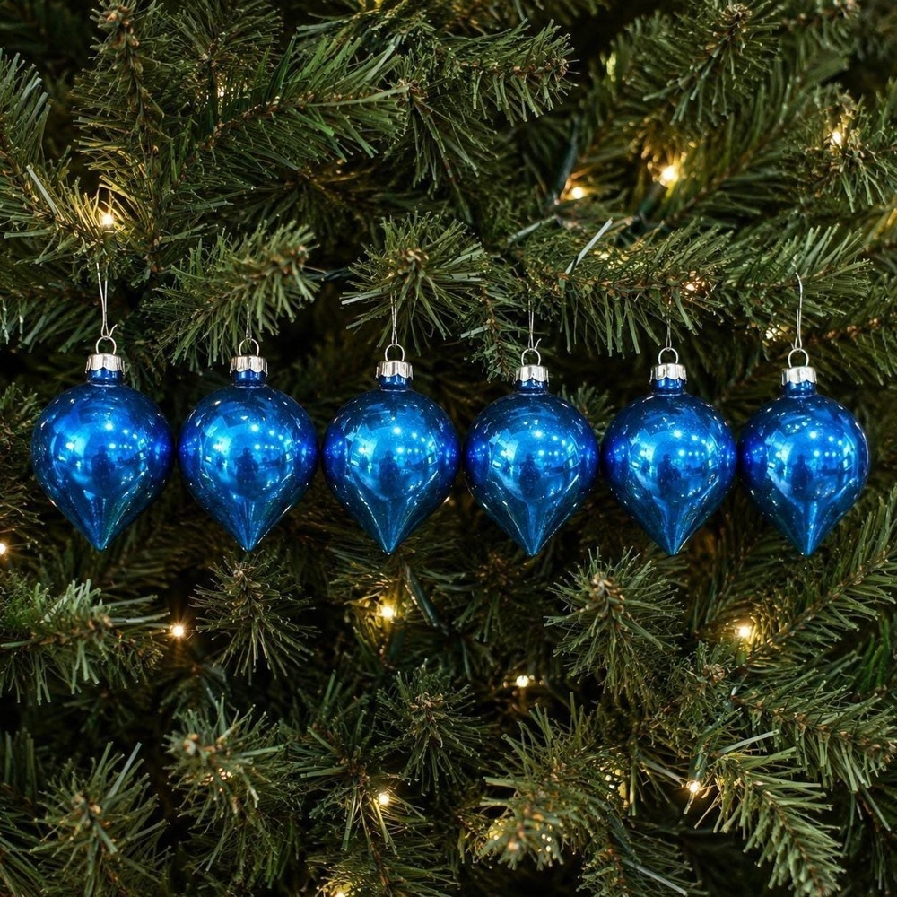 Vintage Cobalt Blue Six Teardrop Glass Christmas Ornaments Shiny Brite, ?Franke